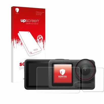 Face avant d’un emballage produit avec le logo de la marque upscreen. À côté, l’appareil DJI Osmo Action 5 Pro (case-friendly)