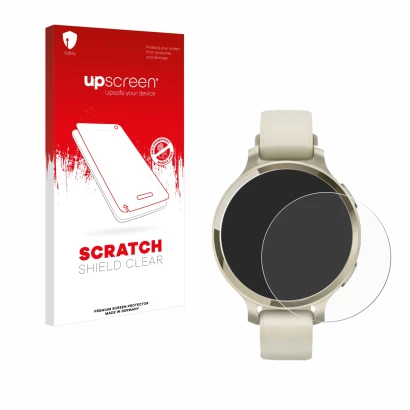 Face avant d’un emballage produit avec le logo de la marque upscreen. À côté, l’appareil Garmin Lily 2 Active est représenté a