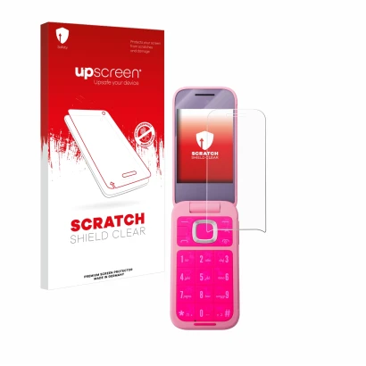 Face avant d’un emballage produit avec le logo de la marque upscreen. À côté, l’appareil HMD Barbie Phone est représenté avec