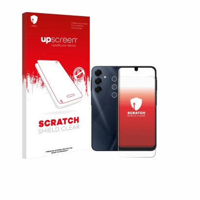 Face avant d’un emballage produit avec le logo de la marque upscreen. À côté, l’appareil Samsung Galaxy A16 5G (Avant+Caméra) 