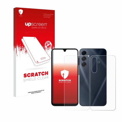 Face avant d’un emballage produit avec le logo de la marque upscreen. À côté, l’appareil Samsung Galaxy A16 5G (Avant+Arrière)