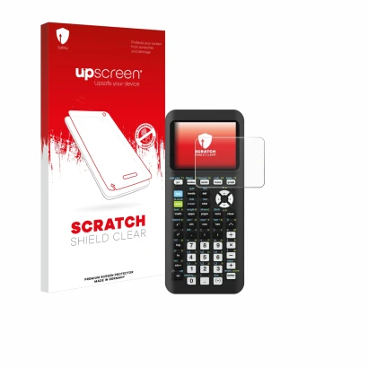 Face avant d’un emballage produit avec le logo de la marque upscreen. À côté, l’appareil Texas Instruments TI-84 Plus CE-T Pyt