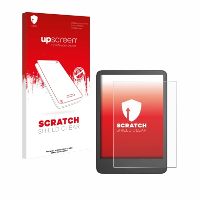 Face avant d’un emballage produit avec le logo de la marque upscreen. À côté, l’appareil Amazon Kindle 2024 est représenté ave