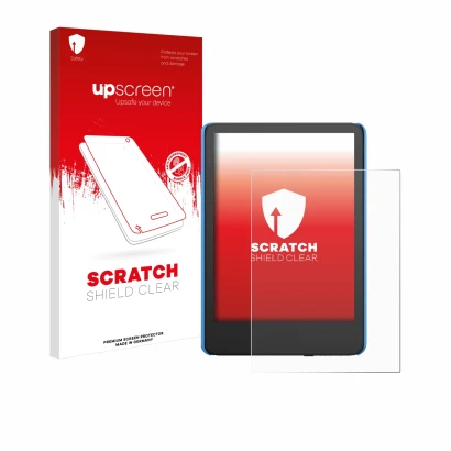 Face avant d’un emballage produit avec le logo de la marque upscreen. À côté, l’appareil Amazon Kindle Kids (2024) est représe