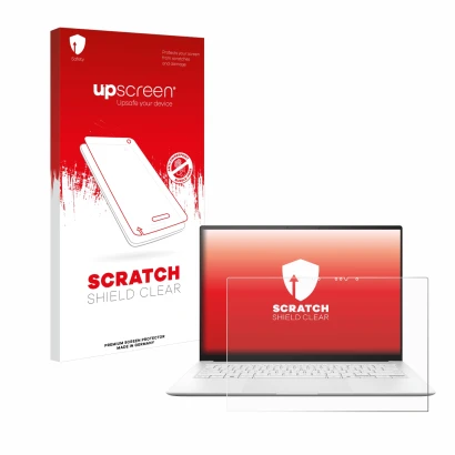 Face avant d’un emballage produit avec le logo de la marque upscreen. À côté, l’appareil ASUS ZenBook S 14 UX5406 est représen