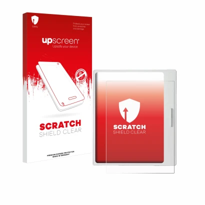 Face avant d’un emballage produit avec le logo de la marque upscreen. À côté, l’appareil Boox Go Color 7 White Edition est rep