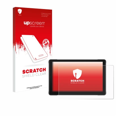Face avant d’un emballage produit avec le logo de la marque upscreen. À côté, l’appareil Podofo Motorrad Carplay 7" est représ