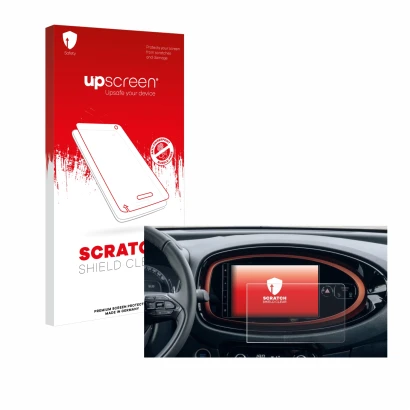 Face avant d’un emballage produit avec le logo de la marque upscreen. À côté, l’appareil Toyota Aygo X (2022) est représenté a