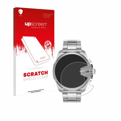 Face avant d’un emballage produit avec le logo de la marque upscreen. À côté, l’appareil Diesel Mega Chief DZ4417 est représen