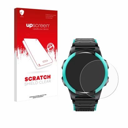 Face avant d’un emballage produit avec le logo de la marque upscreen. À côté, l’appareil SaveFamily Slim 4G est représenté ave