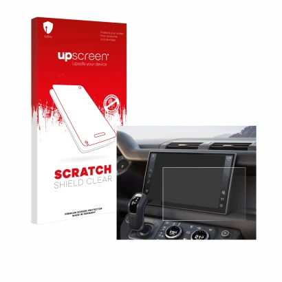 Face avant d’un emballage produit avec le logo de la marque upscreen. À côté, l’appareil Land Rover Defender (2025) 10" est re