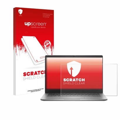 Face avant d’un emballage produit avec le logo de la marque upscreen. À côté, l’appareil Dell Latitude 3340 Laptop 13.3" est r