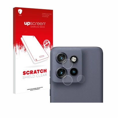 Face avant d’un emballage produit avec le logo de la marque upscreen. À côté, l’appareil Motorola Edge 50 Neo (Caméra UNIQUEME