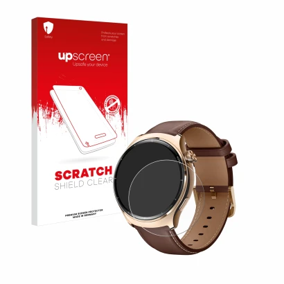 Face avant d’un emballage produit avec le logo de la marque upscreen. À côté, l’appareil Xiaomi Mibro Lite 3 Pro est représent