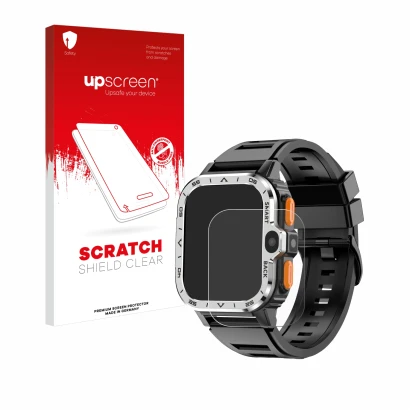 Face avant d’un emballage produit avec le logo de la marque upscreen. À côté, l’appareil HS Smartwatch 2" est représenté avec 