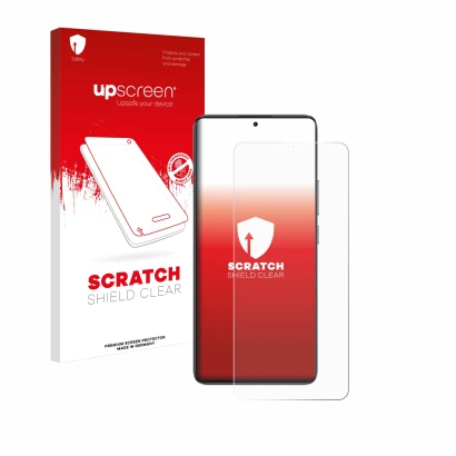 Face avant d’un emballage produit avec le logo de la marque upscreen. À côté, l’appareil Xiaomi Poco F7 Pro est représenté ave