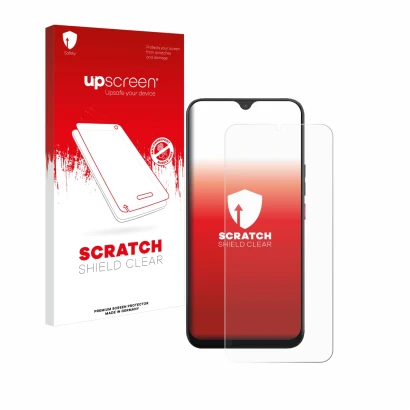 Face avant d’un emballage produit avec le logo de la marque upscreen. À côté, l’appareil Volla Phone 22 est représenté avec la