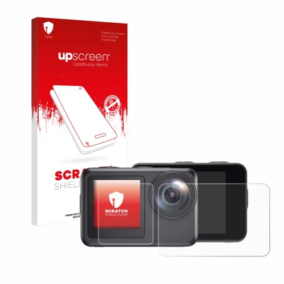 Face avant d’un emballage produit avec le logo de la marque upscreen. À côté, l’appareil Akaso Brave 7 LE est représenté avec 