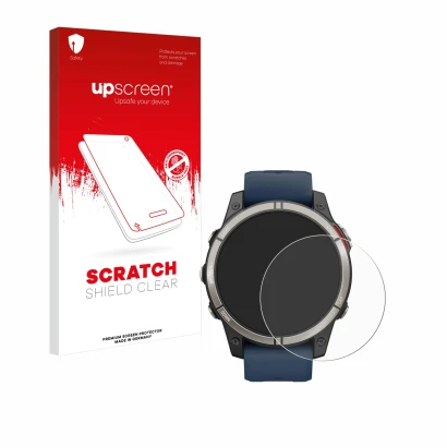 Face avant d’un emballage produit avec le logo de la marque upscreen. À côté, l’appareil Garmin quatix 7 Pro est représenté av