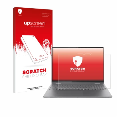 Face avant d’un emballage produit avec le logo de la marque upscreen. À côté, l’appareil Lenovo Yoga 7 2-in-1 Gen 10 16" est r