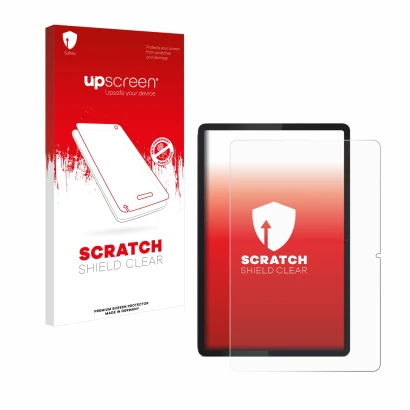Face avant d’un emballage produit avec le logo de la marque upscreen. À côté, l’appareil Lenovo Tab 2025 10.1" est représenté 