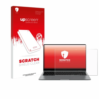Face avant d’un emballage produit avec le logo de la marque upscreen. À côté, l’appareil Samsung Galaxy Book5 360 15.6" est re