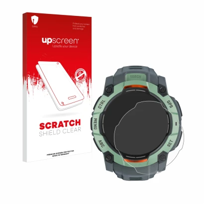 Face avant d’un emballage produit avec le logo de la marque upscreen. À côté, l’appareil Garmin Instinct 3 AMOLED (45 mm) est 