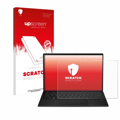 Face avant d’un emballage produit avec le logo de la marque upscreen. À côté, l’appareil ASUS ROG Flow Z13 2025 est représenté