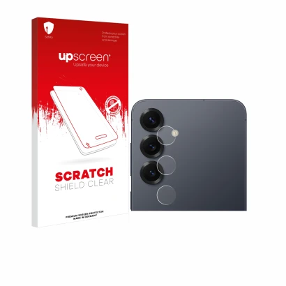 Face avant d’un emballage produit avec le logo de la marque upscreen. À côté, l’appareil Samsung Galaxy S25 (Caméra UNIQUEMENT