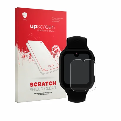 Face avant d’un emballage produit avec le logo de la marque upscreen. À côté, l’appareil Garett Kids Vibe 4G est représenté av