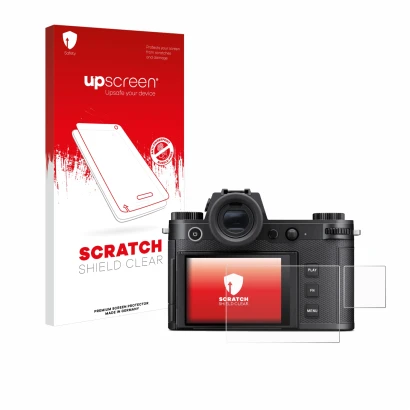 Face avant d’un emballage produit avec le logo de la marque upscreen. À côté, l’appareil Leica SL3-S (Affichage + affichage de