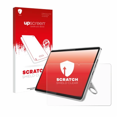 Face avant d’un emballage produit avec le logo de la marque upscreen. À côté, l’appareil Lenovo Tab 10.1" est représenté avec 