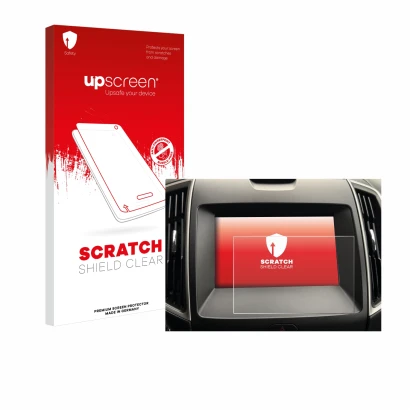 Face avant d’un emballage produit avec le logo de la marque upscreen. À côté, l’appareil Ford Galaxy Infotainment Sync 3 (2019