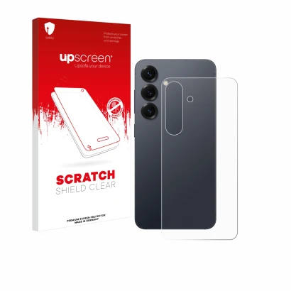 Face avant d’un emballage produit avec le logo de la marque upscreen. À côté, l’appareil Samsung Galaxy S25 (Arrière) est repr