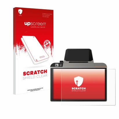 Face avant d’un emballage produit avec le logo de la marque upscreen. À côté, l’appareil Sunmi D3 Mini est représenté avec la 