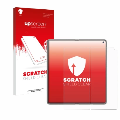 Face avant d’un emballage produit avec le logo de la marque upscreen. À côté, l’appareil Huawei Mate X6 (Affichage interne) es