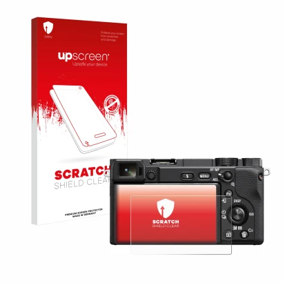 Face avant d’un emballage produit avec le logo de la marque upscreen. À côté, l’appareil Sony Alpha 6400A est représenté avec