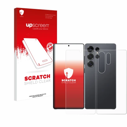 Face avant d’un emballage produit avec le logo de la marque upscreen. À côté, l’appareil Samsung Galaxy S25 Ultra Enterprise E