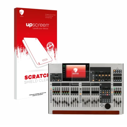 Face avant d’un emballage produit avec le logo de la marque upscreen. À côté, l’appareil Behringer Wing est représenté avec la