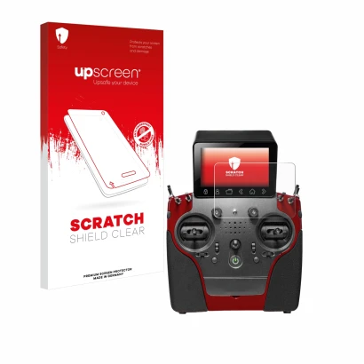 Face avant d’un emballage produit avec le logo de la marque upscreen. À côté, l’appareil PowerBox Systems Atom est représenté 