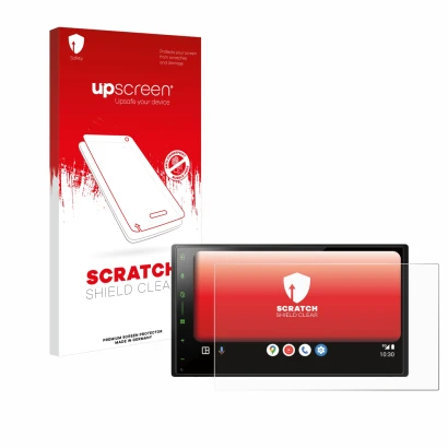 Face avant d’un emballage produit avec le logo de la marque upscreen. À côté, l’appareil Pioneer SPH-DA77DAB est représenté av