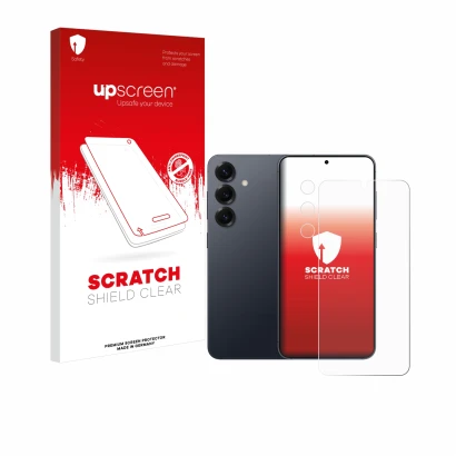 Face avant d’un emballage produit avec le logo de la marque upscreen. À côté, l’appareil Samsung Galaxy S25 Enterprise Edition
