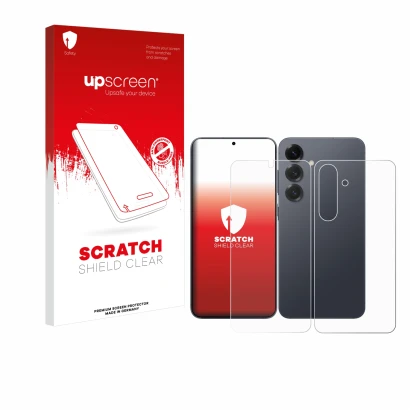 Face avant d’un emballage produit avec le logo de la marque upscreen. À côté, l’appareil Samsung Galaxy S25 Enterprise Edition