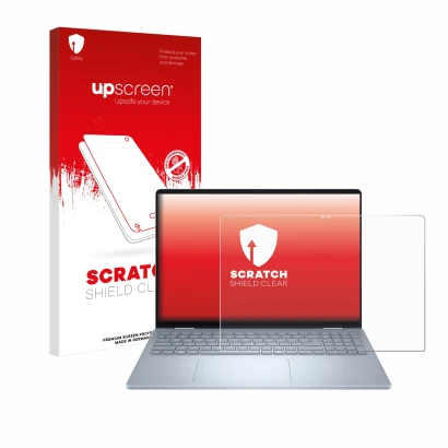 Face avant d’un emballage produit avec le logo de la marque upscreen. À côté, l’appareil Dell 16 Plus-2-in-1 est représenté av