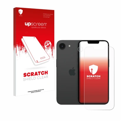 Face avant d’un emballage produit avec le logo de la marque upscreen. À côté, l’appareil Apple iPhone 16e (Avant+Caméra) est r