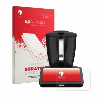 Face avant d’un emballage produit avec le logo de la marque upscreen. À côté, l’appareil Vorwerk Thermomix TM7 est représenté 