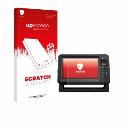 Face avant d’un emballage produit avec le logo de la marque upscreen. À côté, l’appareil Lowrance Eagle 7 est représenté avec 