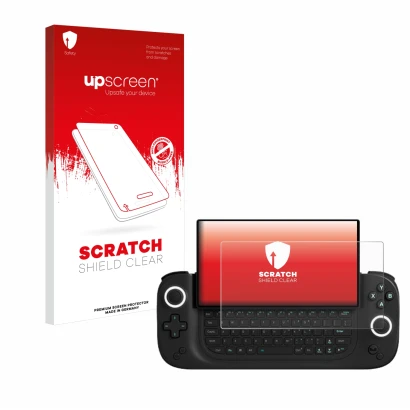Face avant d’un emballage produit avec le logo de la marque upscreen. À côté, l’appareil Antec Core HS est représenté avec la 