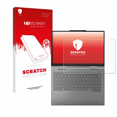 Face avant d’un emballage produit avec le logo de la marque upscreen. À côté, l’appareil Lenovo ThinkPad X1 2-in-1 Gen 10 14"