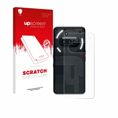 Face avant d’un emballage produit avec le logo de la marque upscreen. À côté, l’appareil Nothing Phone (3a) (Arrière) est repr